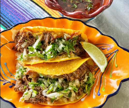 Birria Tacos. Quesatacos. Beef, cheese, onion, cilantro, salsa, lime and consume.